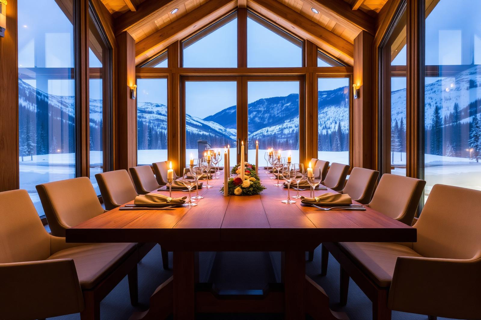 Chalet dining room set for dinner with candlelight and mountain views