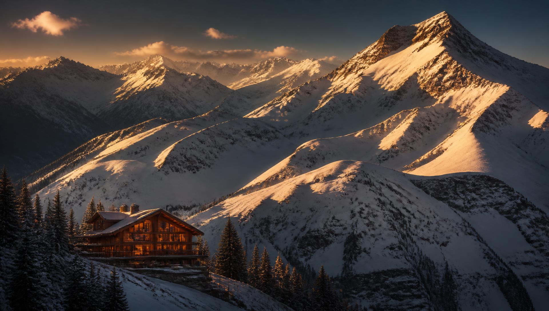Snow-covered Alpine peaks at golden hour above a valley of luxury chalets